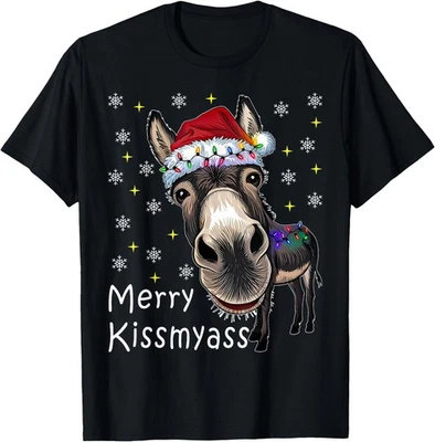 Camiseta Merry KissMyAss Burro Usando Sombrero de Santa Luces Niño Adulto, Camiseta Unisex Foto 1 de 4