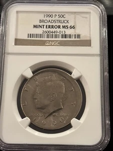 1990 Kennedy Half Dollar NGC MS-66 Broadstruck Mint Error - Picture 1 of 10