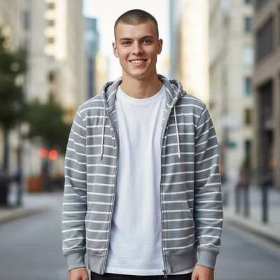 Mossimo Supply Co. Sudadera con Capucha Gris Rayas Mangas Largas Informal Cremallera Completa Talla Mediana Foto 1 de 4