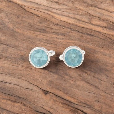 Sky Blue Topaz Gemstone 925 Sterling Silver Jewelry Cufflinks 0.50" Gift For Him - Image 1 of 3