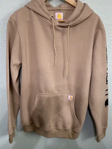 Carhartt Hoodie Small Med Loose Fit Midweight Fleece Sweatshirt Khaki Beige Logo - Picture 1 of 11