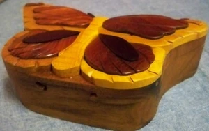 Neu im Karton handgefertigt exotisches Holz Schmetterling Puzzle Box Schmuck Schmuck 6 1/2" mit Box - Bild 1 von 5