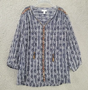 Charter Club Beaded Tunic Top Womens M Sheer V Neck Cover Up Resort Cruise - Picture 1 of 11