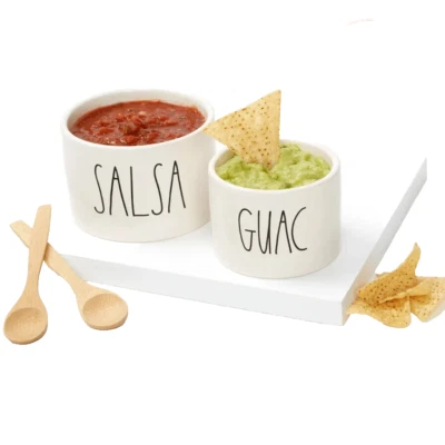 Rae Dunn Artisan Salsa Guac Bowl Set Bamboo Spoons Ceramic White NWOB - Image 1 of 4