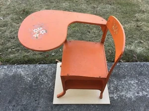 Vintage School Desk, Top & Back Rest are Wood, Frame is All Metal Orange Color - Picture 1 of 12