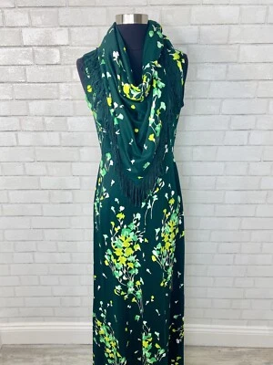 2pc VTG 60s Leslie Fay Green Floral Maxi Dress Fringe Shaw MOD Carol Brady Vibes - Image 1 of 4
