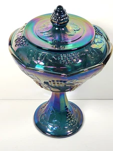 Compota y tapa cubiertas de uva vintage Indiana Glass azul carnaval cosecha 10 1/4 - Imagen 1 de 12