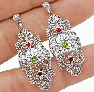 Natural Peridot & Garnet 925 Sterling Silver Filigree Earrings Jewelry NQ1 - Picture 1 of 1