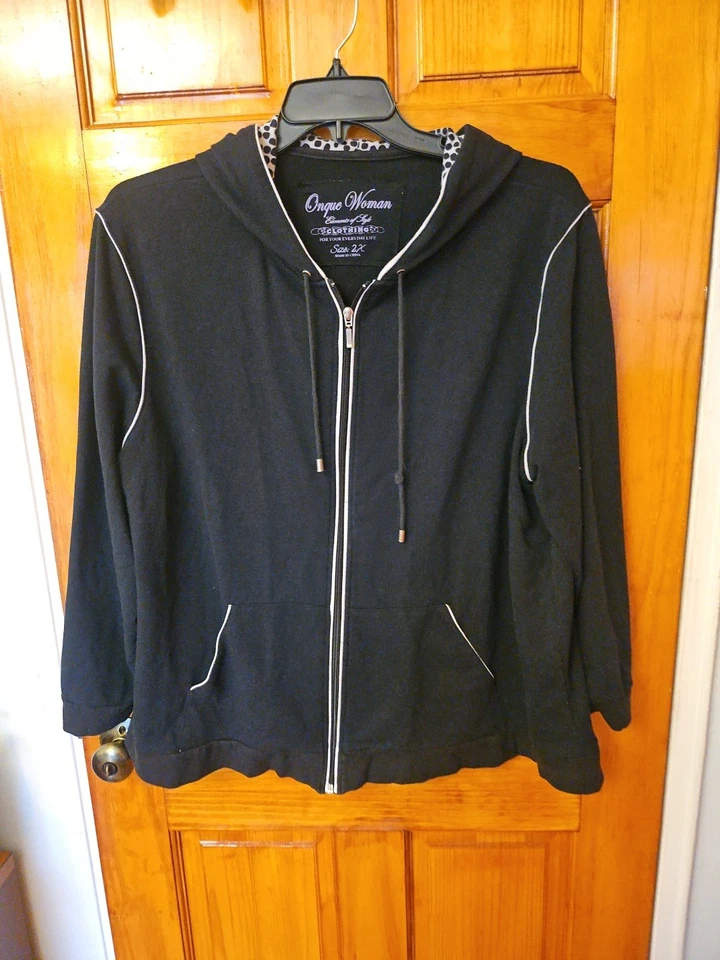 Onque Woman Casuals Hoodie Jacket Full Zip Black Striped Pockets Size 2X  - Image 1 of 4