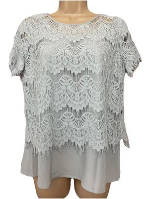 OASIS 12/M Silver Grey Lace Layered Short Sleeve Occasion/Party Top - Image 1 of 4