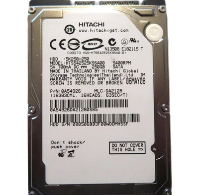 Hitachi HTS542525K9SA00 0A54926 DA2128 (080) Thailand 250gb 2.5" Sata HDD MAY/08 - Image 1 of 2