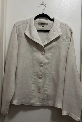 Flax 100% Linen Sz M Ivory Collar Button Down Long Sleeves Pockets Blazer - Image 1 of 4