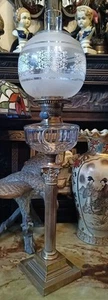 Antique Banqueting Oil Lamp Brass Corinthian Column Cut Glass Font - Picture 1 of 11