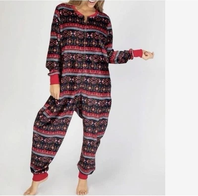 NATURAL LIFE Fleece Pajamas Size Medium Cozy Zip Up Jumpsuit Loungewear Boho Pri - Image 1 of 4