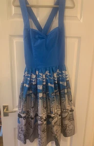 Banned Apparel 50's Style Blue Metro City Skyline Halterneck Dress Size L - Picture 1 of 4