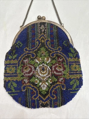 Старинный ар-деко смелый цвет цветы большой стеклянный бисер сумочки сумка 7» синий - Изображение 1 из 4