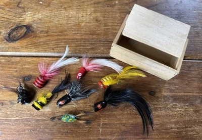 Vintage Folk Art Bass Bugs / Popper Fly Rod Fishing Lures in Wood Slide Top Box - Image 1 of 4