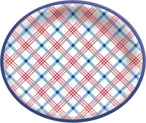 Summer Block Plaid USA Patriotic Party 12" x 10" Oval Paper Banquet Plates - Picture 1 of 1