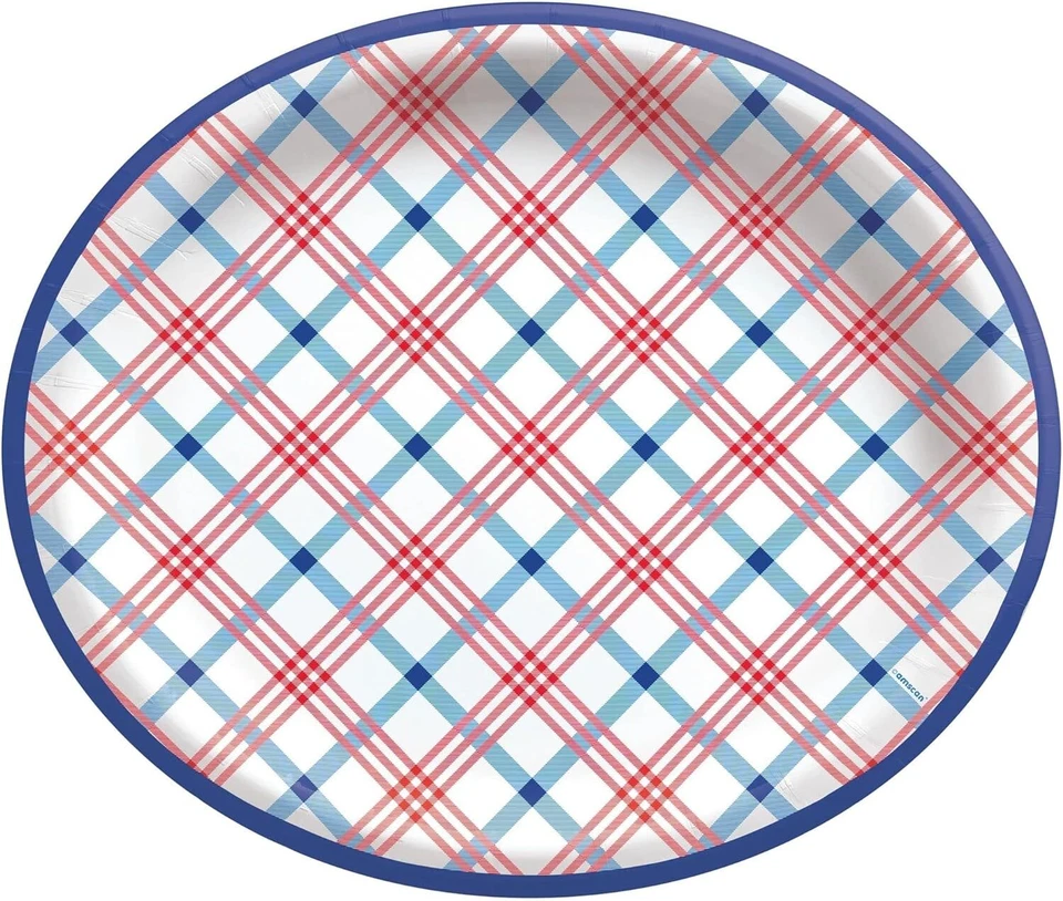 Summer Block Plaid USA Patriotic Party 12" x 10" Oval Paper Banquet Plates - Image 1 of 1