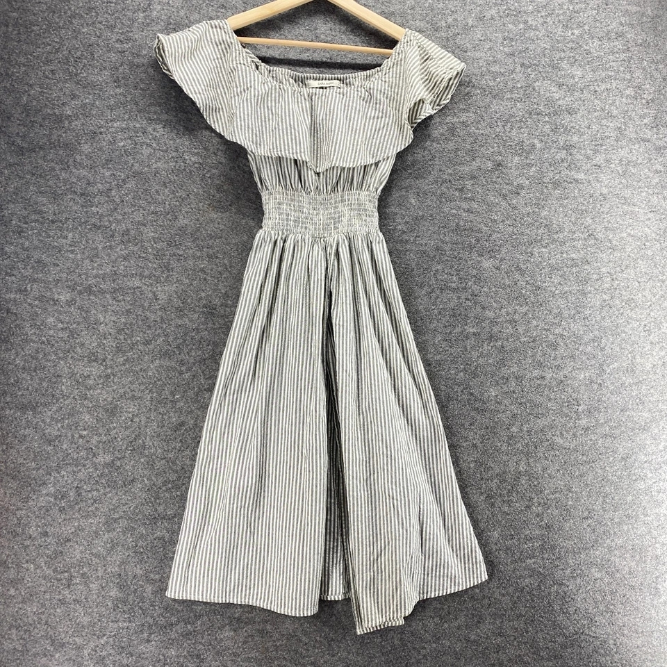 Zara Dress Women S Small Gray Striped Sheath Midi Elastic Waist Cotton Casual - Image 1 of 4