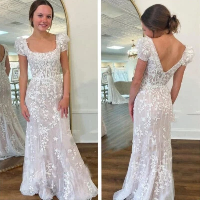 Vestidos de novia de manga larga cuello cuadrado apliques de encaje tren de barrido vestidos de novia Foto 1 de 4