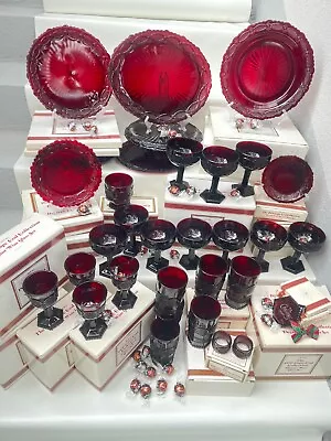 1876 Avon Cape Cod Ruby Red Glass Plate Tumbler Champagne Oval Pie Server Rings