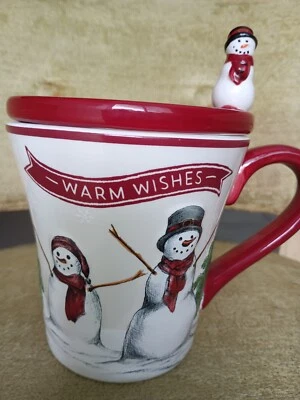 ST. NICHOLAS SQUARE YULETIDE SNOWMAN / WARM WISHES 4 1/4" MUG W/LID & RED TRIM  - Image 1 of 4