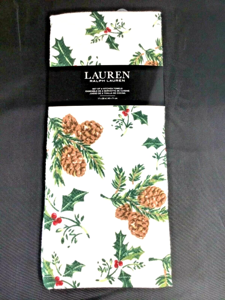 LAUREN RALPH LAUREN (2) KITCHEN TOWELS WHITE GREEN PINE CONES HOLLY COTTON NWT