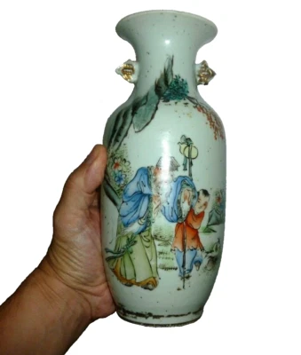 ANCIEN VASE  CHINOIS  PORCELAINE DE CHINE  phrase manuscrite au dos      - Photo 1/4