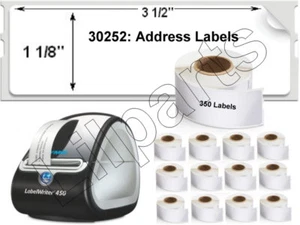 1- 20 Rolls 1-1/8"x3-1/2" Direct Thermal Address Labels 350 roll Dymo 450 30252 - Picture 1 of 1