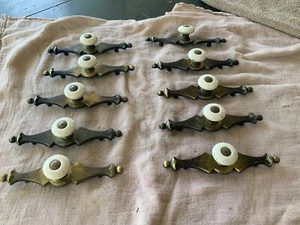 10 Vtg Off White Speckled Porcelain Brass Button dresser drawer knobs Backplates - Picture 1 of 6