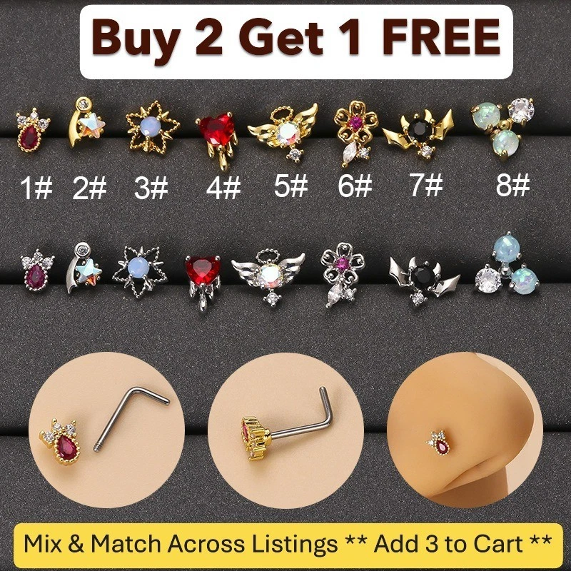 Tachuela nariz trasera en L circonita cúbica chapada en oro ** 8 estilos ** 2 colores ** Compre 2 y obtenga 1 GRATIS ** Foto 1 de 4