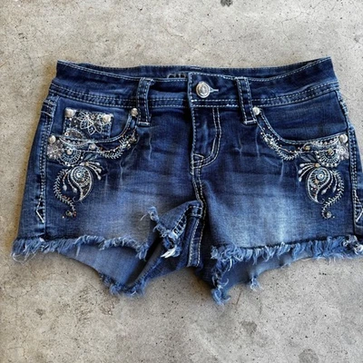 Grace In LA Embellished Denim Shorts Size 25 Frayed Hem micro y2k Low Rise - Image 1 of 4
