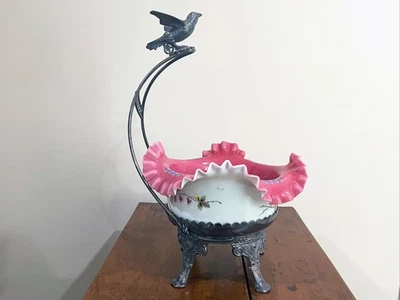 Antique VICTORIAN ROCKFORD SILVERPLATE BRIDES BASKET - PINK CASED & ENAMEL BOWL - Image 1 of 4