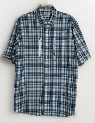 NWOT ARIAT TEK L BLUE WHITE PLAID VENTED SHORT SLEEVE BUTTON UP SHIRT MENS READ! - Image 1 of 4