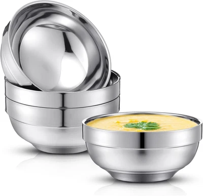 4 Pack 24 Oz Stainless Steel Bowls Double Walled Insulated Soup Ice Cream Metal - Image 1 of 4