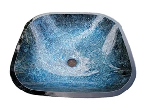 Bathroom Sink 3/4" Thick Glass Blue IRIDESCENT FOIL INLAY Square Vessel Unused - Picture 1 of 16
