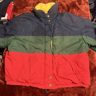 Colorblock Reversible Jacket Mens Large Yellow Navy Ski Puffer Hooded Coat - Image 1 of 4