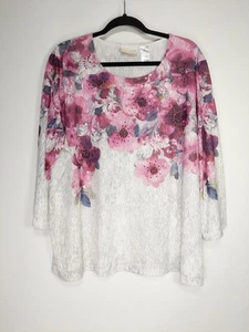 Alfred Dunner Damen 3X verziert rosa Blumen Netz gefüttert Stretch Tunika Top - Bild 1 von 7