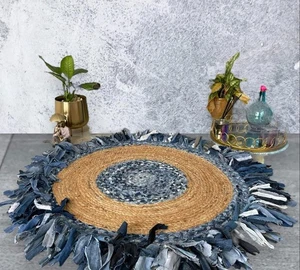 Rug Jute Denim Cotton Fringes Design Round Shape Area Rug Carpet code 212 - Picture 1 of 2