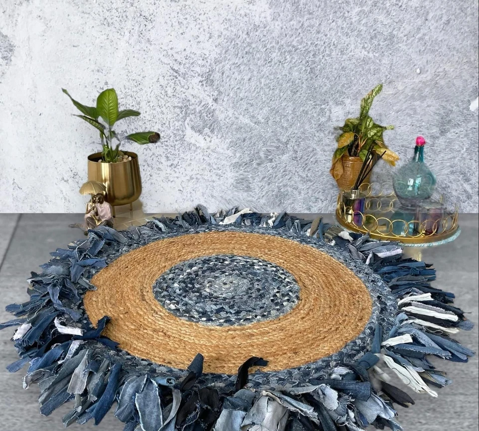 Rug Jute Denim Cotton Fringes Design Round Shape Area Rug Carpet code 212 - Image 1 of 2