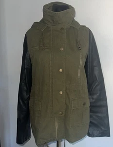 Womens Jacket Green Full Zip Faux Leather Sleeves Pockets Size Large - Picture 1 of 11