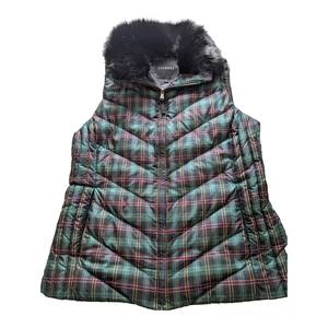 Talbots Plaid Green Pink Puffer Vest Removeable Faux Fur Collar Womens Medium - Picture 1 of 6