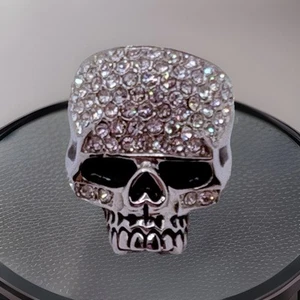 Pave Rhinestone Skull Ring Black Enamel Accents Stainless Biker Goth Size 10.5 - Picture 1 of 9