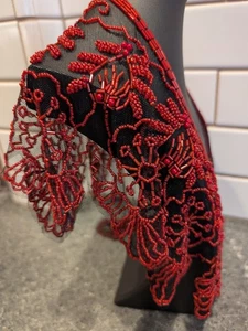 Artisan Handmade Beaded Lace Shawl - Vintage 2000s Oregon - Red & Black 45" - Picture 1 of 9
