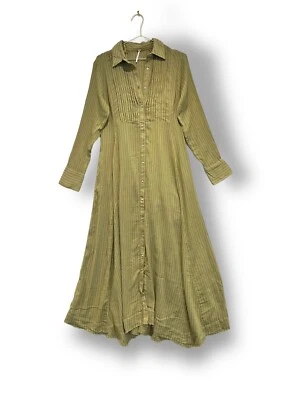 Maxi Vestido Free People Manga Larga Pin Tuck en Verde Oliva Talla XS Foto 1 de 4