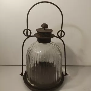 Vintage Metal Glass Dome Hanging 12" Lantern Candle Holder Vertical Lines 3.5 Lb - Picture 1 of 21