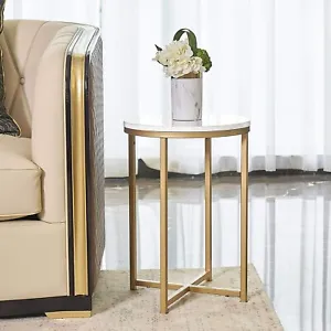Gold Round Side End Table with Marble Top, Modern Bedside Small Coffee Table - Picture 1 of 7