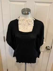 Anne Fontaine Black Papillion Short Sleeve Sweater w/ Ruffles, Sz 6 (US) 38 (EU) - Picture 1 of 7