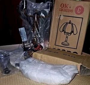 LOT 2 NIB Vintage OK LIGHTING Glass Panel 3way Touch Lamp Rose Butterfly 24" - Picture 1 of 15